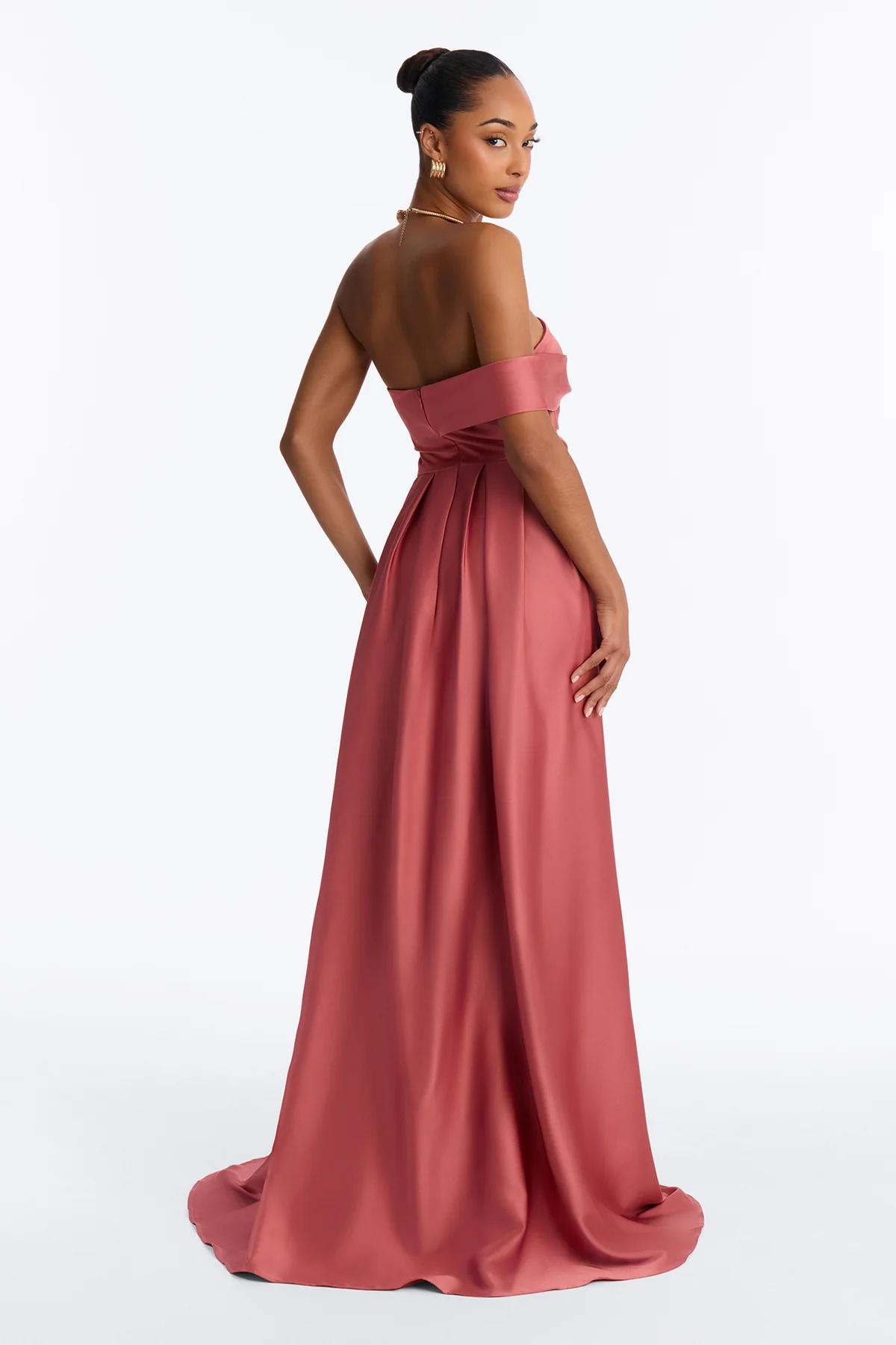 dusty pink mermaid off shoulder draped open back train evening dress