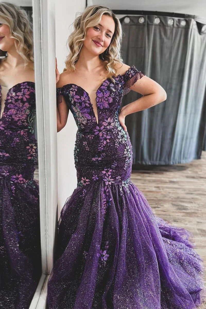 Purple Off the Shoulder Sequin Lace Mermaid Prom Dresses Koutun Dress Purple Off the Shoulder Sequin Lace Mermaid Prom Dresses Koutun Dress