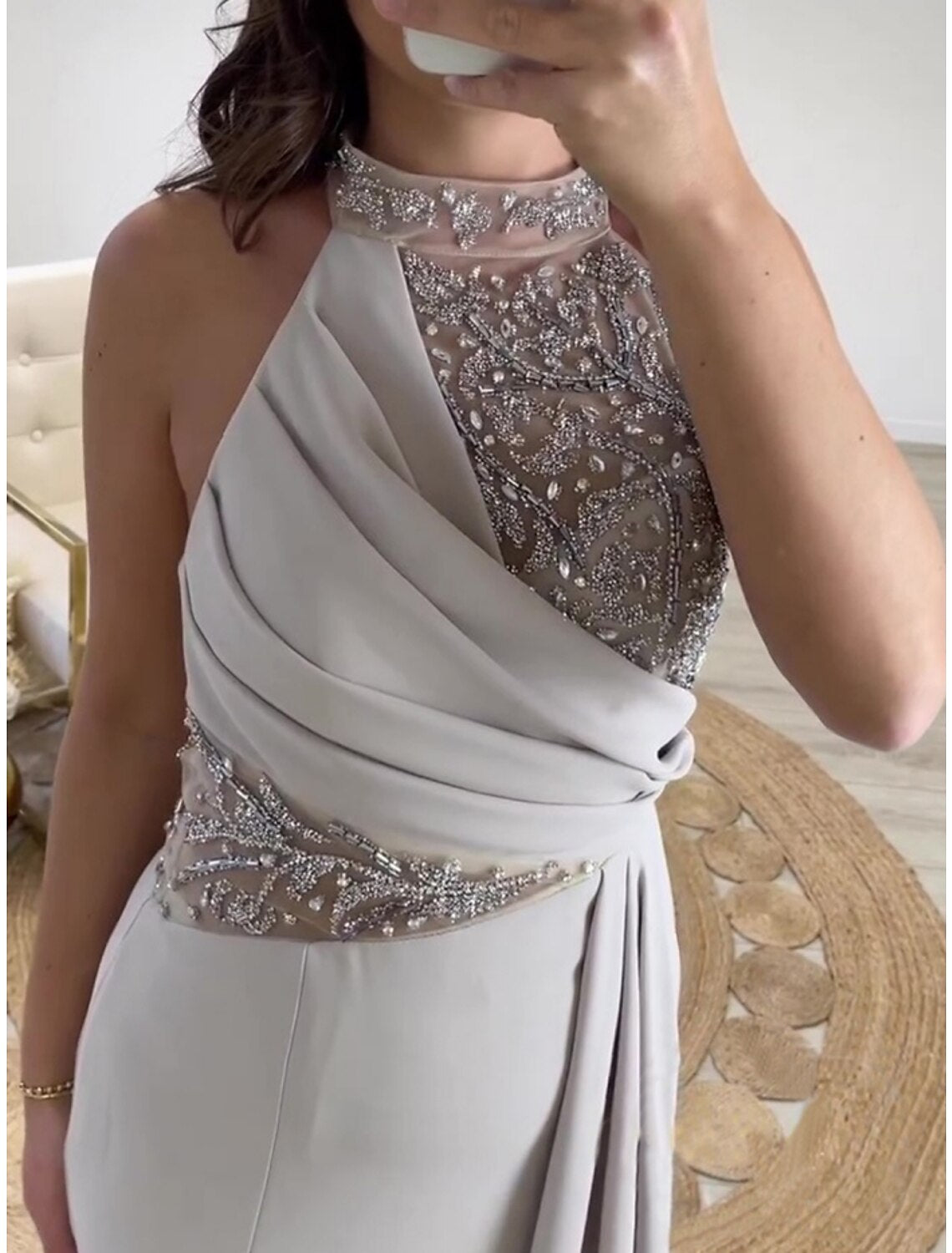 Sheath / Column Evening Gown Elegant Dress Formal Sweep / Brush Train Sleeveless Halter Neck Stretch Fabric with Pleats Ruched Crystals