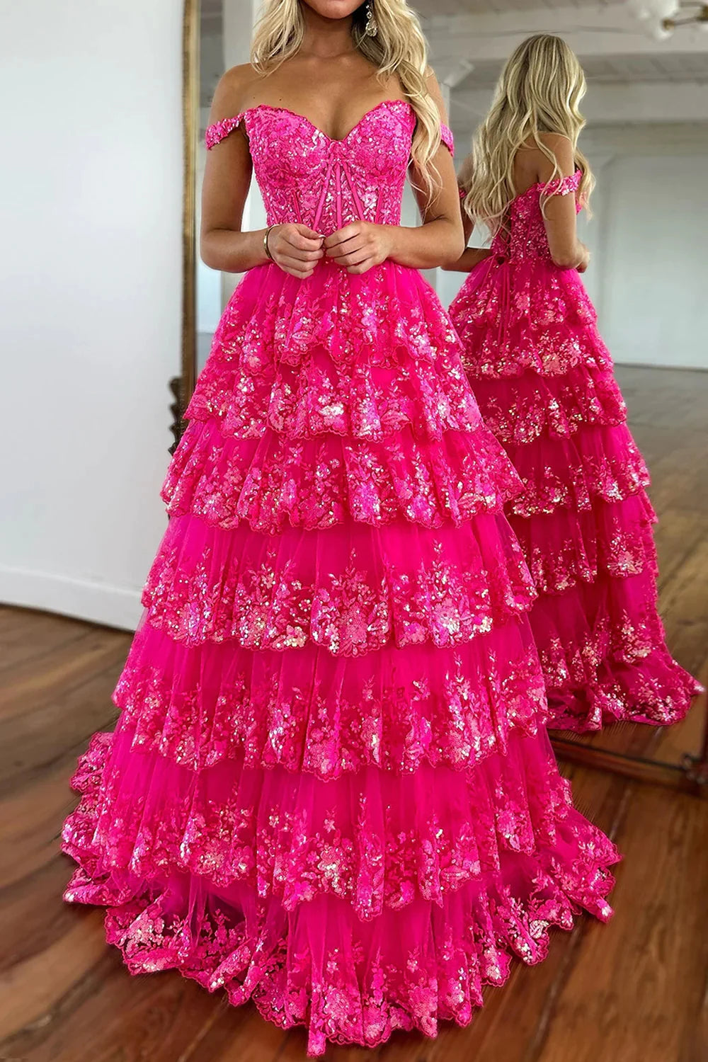 Glitter Hot Pink Corset Off the Shoulder Lace Long Prom Dress – Koutun Dress