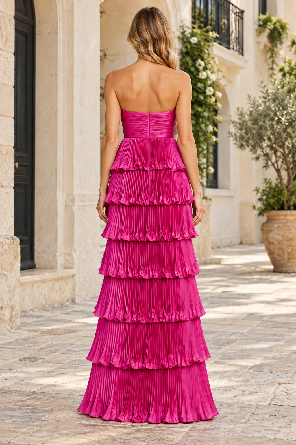 Fuchsia Strapless Tiered Pleated Zip Back Floor-Length Evening Dress