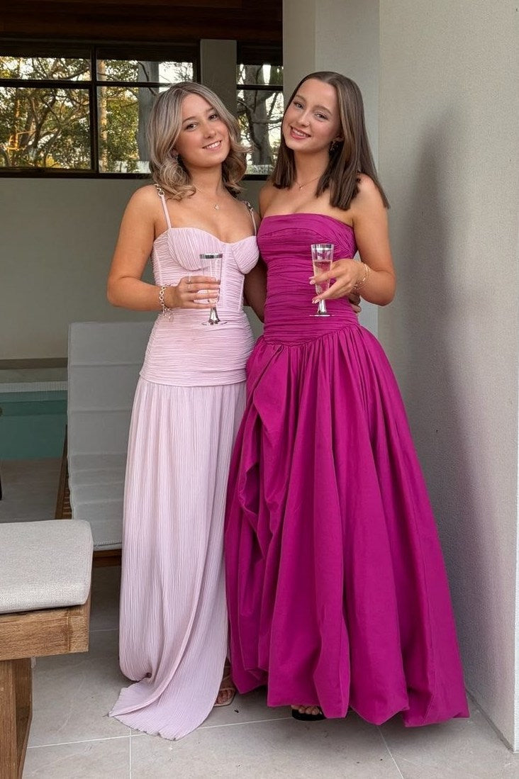 Fuchsia A-Line Strapless Tube Zipper Floor Bridesmaid Prom Gown