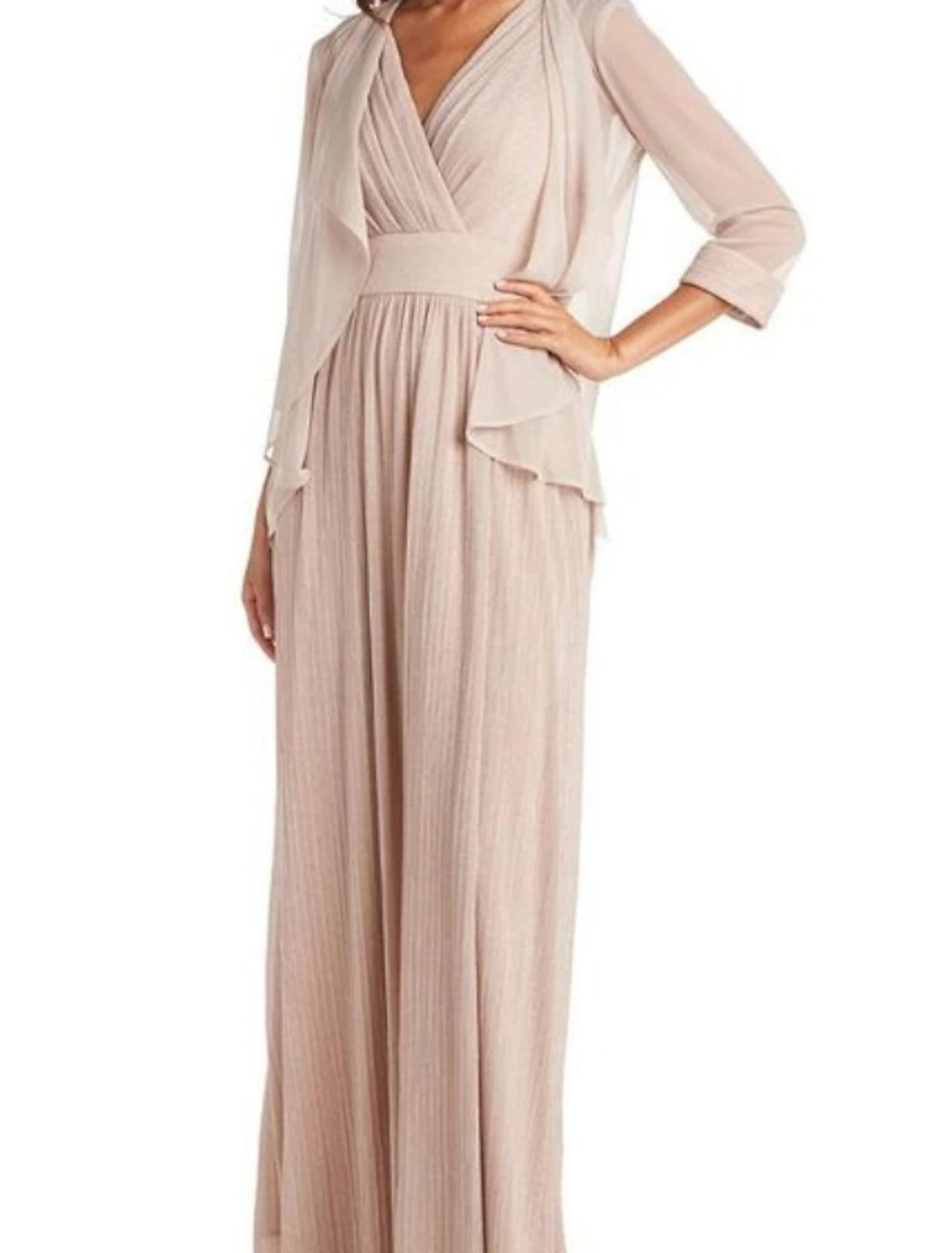 Two Piece Mother of the Bride Dress Simple Elegant V Neck Floor Length Chiffon 3/4 Length Sleeve with Pleats Solid Color