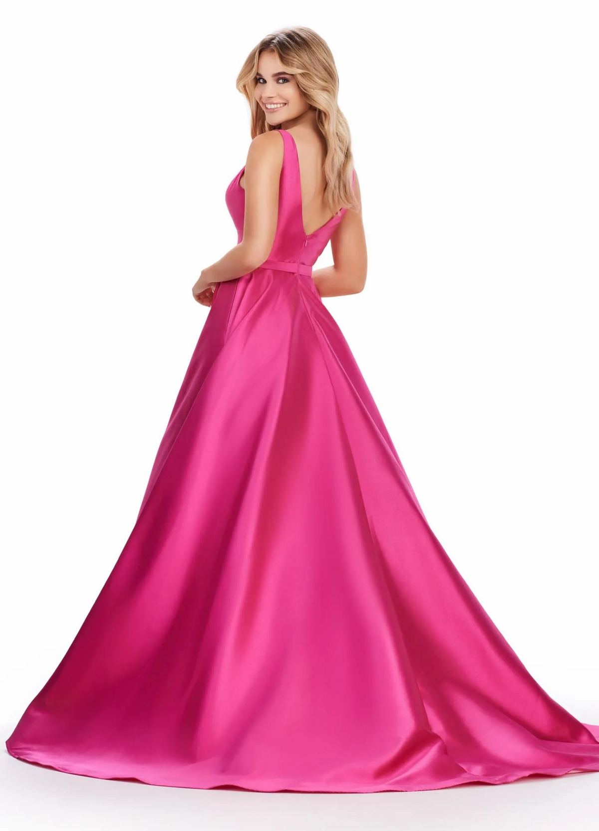 hot pink a-line v-neck sleeveless zip-back train prom dress