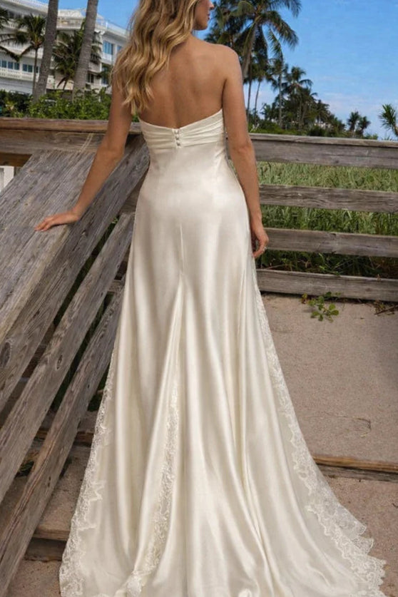 Satin A-Line Strapless Sleeveless Button-Back Lace Train Long Wedding Dress