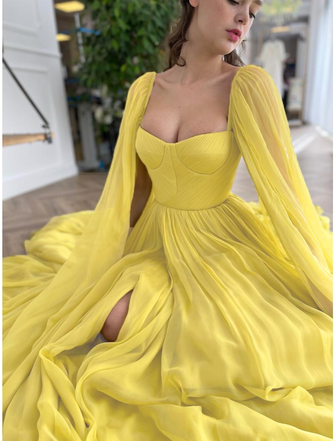 A-Line Prom Dresses Empire Dress Wedding Guest Engagement Court Train Long Sleeve Square Neck Tulle with Pleats Slit