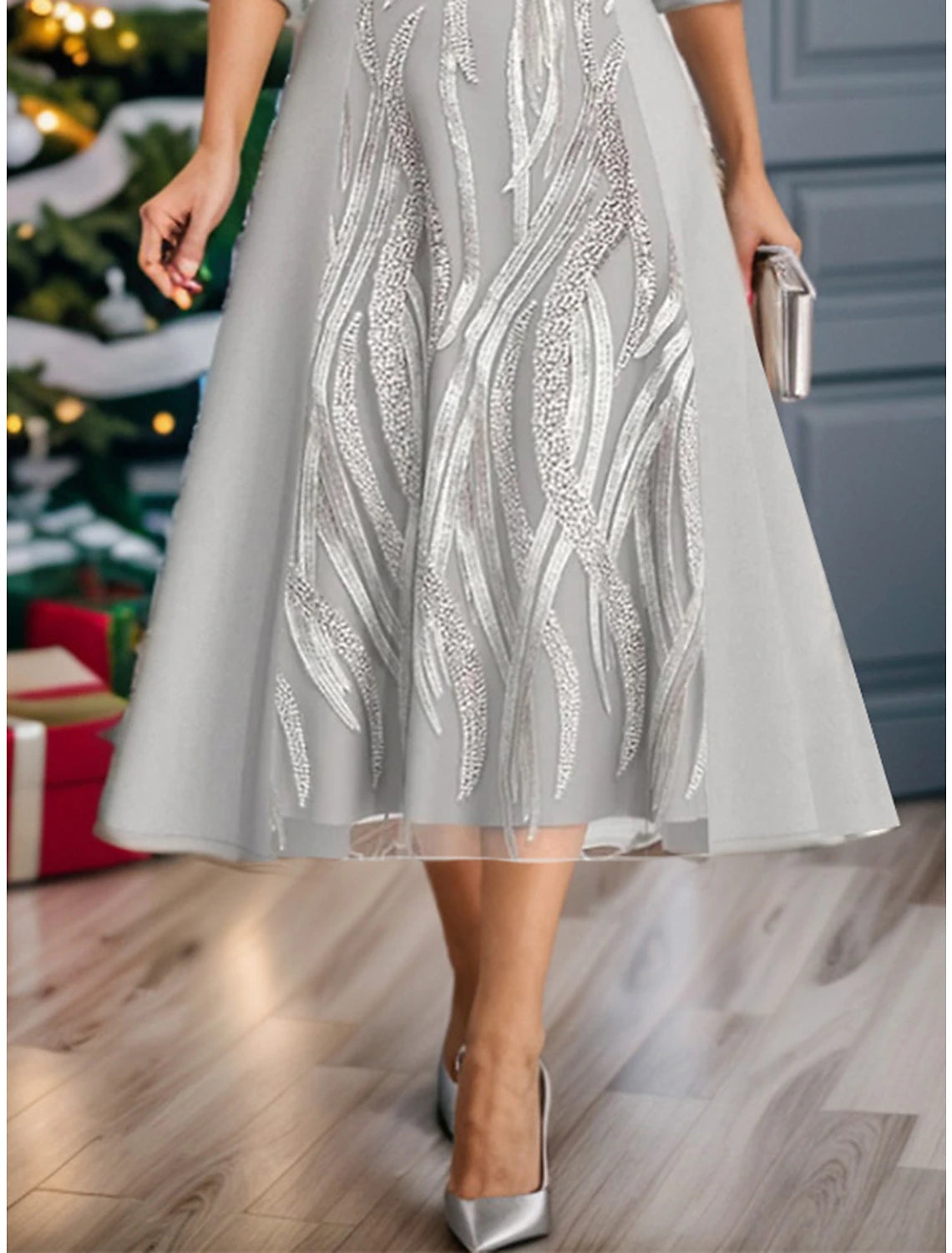 Silver Lace Dress Party Dress Cocktail Dress Lace Patchwork Crew Neck 3/4 Length Sleeve Midi Dress Office Christmas Silver Spring Winter