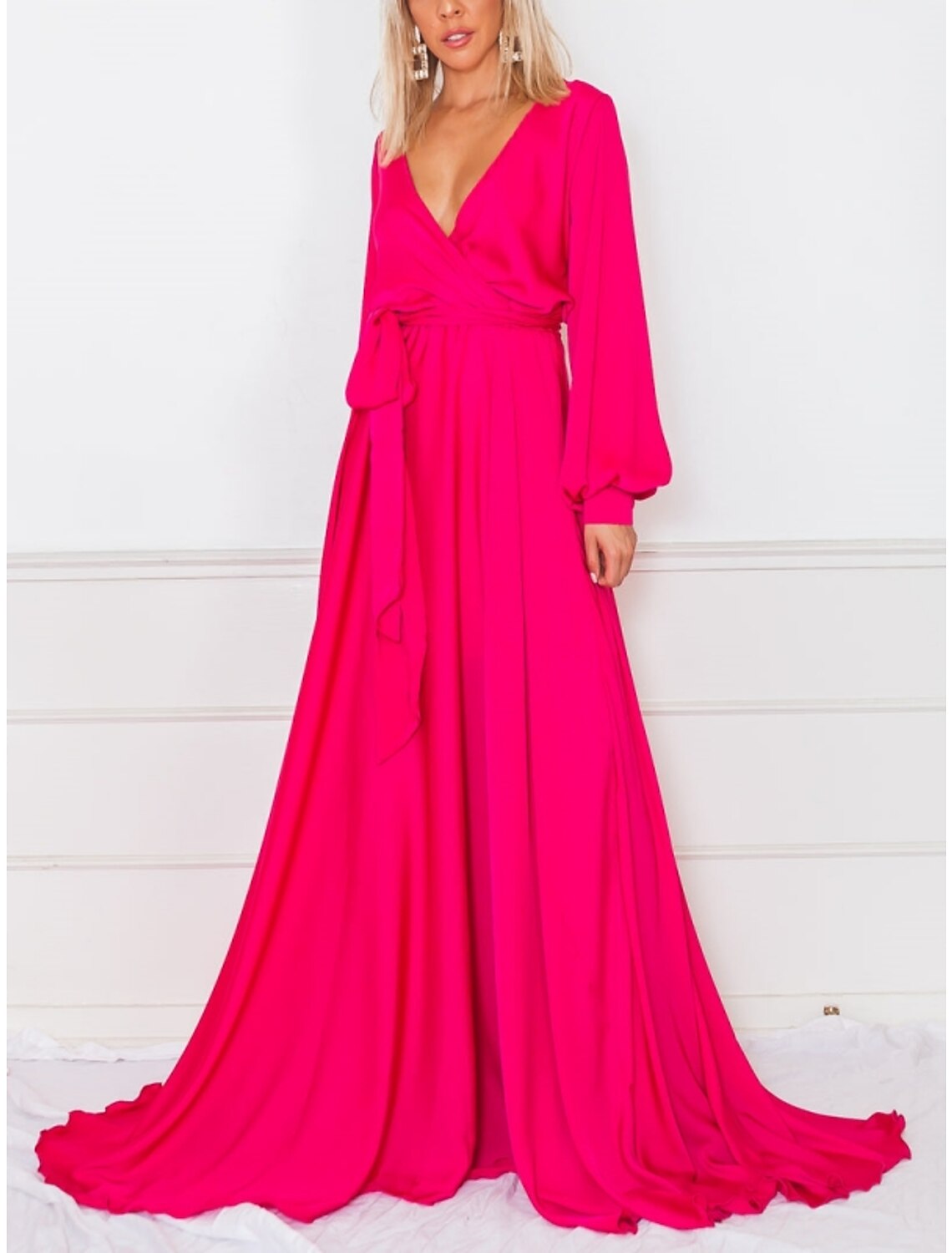 Sheath / Column Evening Gown High Split Dress Formal Fall Sweep / Brush Train Long Sleeve V Neck Polyester with Pleats Strappy