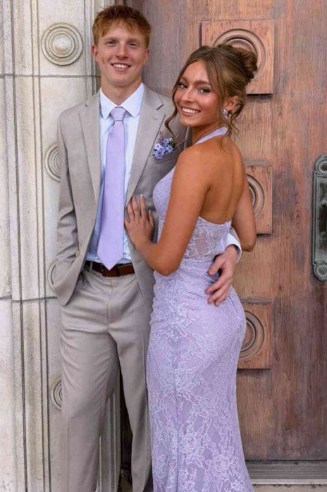 Lavender Mermaid Halter Sleeveless Corset Back Sweep Train Prom Evening Dress