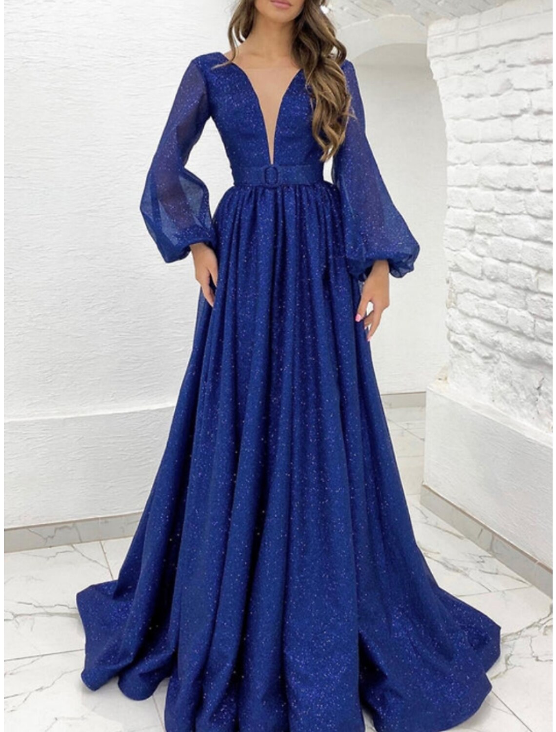 A-Line Evening Gown Elegant Dress Formal Court Train Long Sleeve Off Shoulder Lurex Fabric with Pleats Strappy