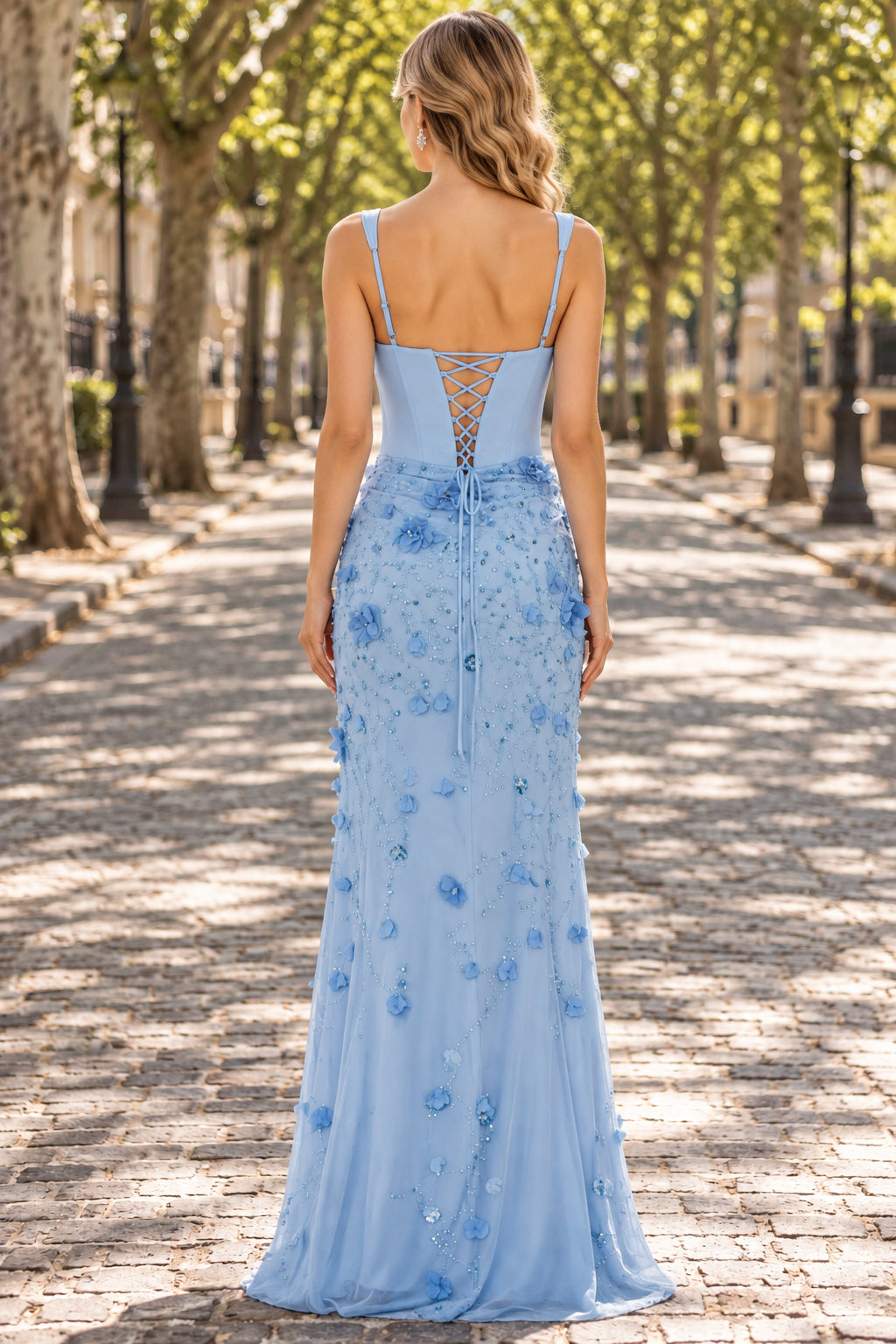 Light-Blue Mermaid Square Spaghetti-Strap Lace-Up Floor-Length Prom Bridesmaid Gown