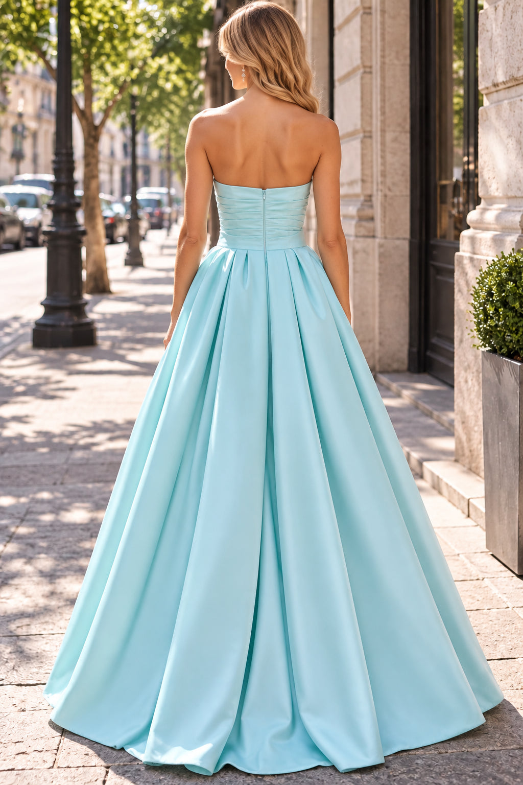 Satin A-Line Strapless Straight Sleeveless Open Back Floor Length Evening Dresses