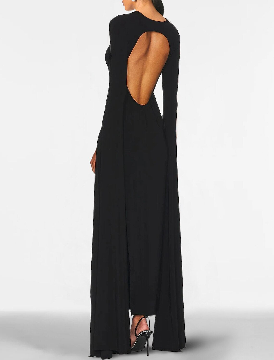 Sheath Black Dress Plus Size Evening Gown Open Back Dress Formal Wedding Guest Floor Length Long Sleeve Jewel Neck Capes Stretch Chiffon with Shawl