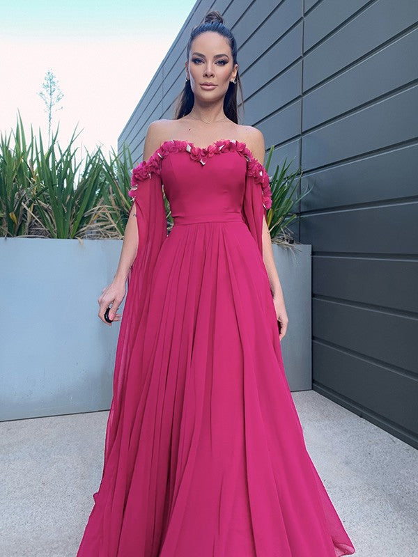 A-Line/Princess Chiffon Floor-Length Long Sleeves Ruffles Off-the-Shoulder Dresses