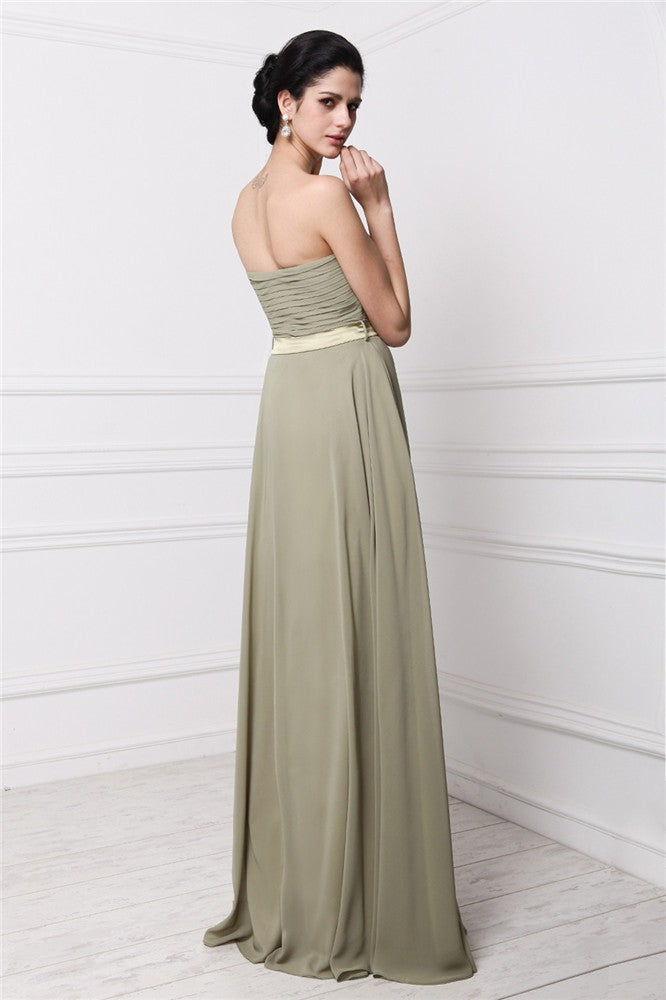 Sheath/Column Strapless Sleeveless Hand-Made Flower Pleats Long Chiffon Bridesmaid Dresses