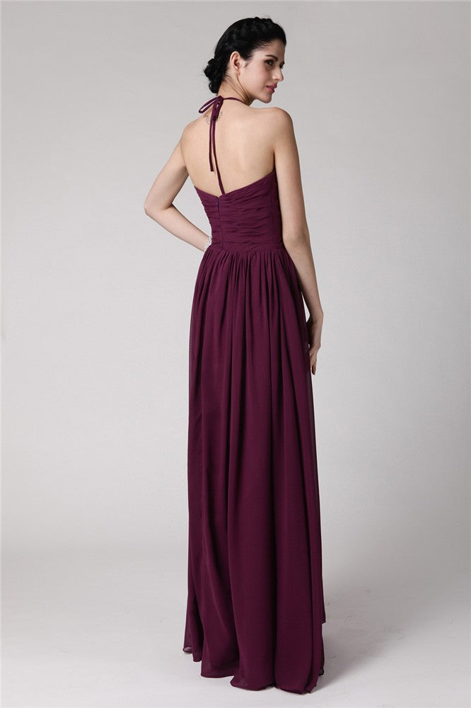 Sheath/Column Halter Sleeveless Hand-Made Flower Long Chiffon Bridesmaid Dresses