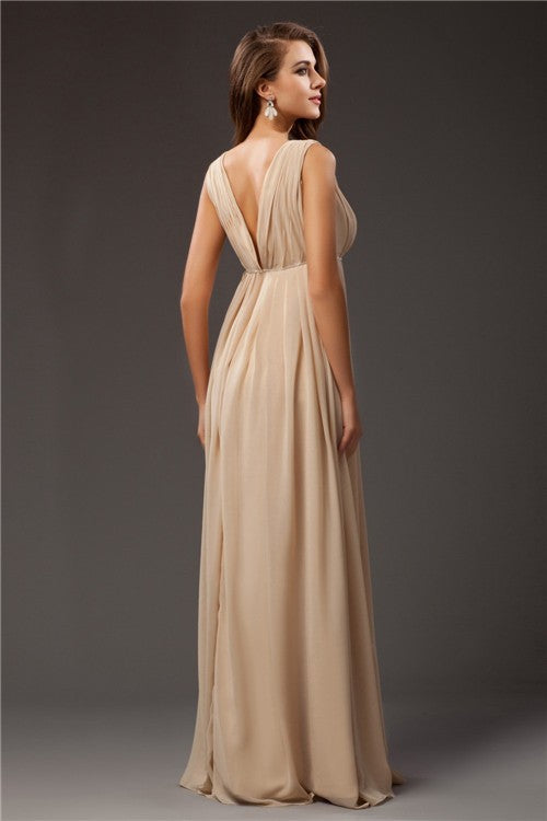 A-Line/Princess V-neck Sleeveless Beading Long Chiffon Dresses
