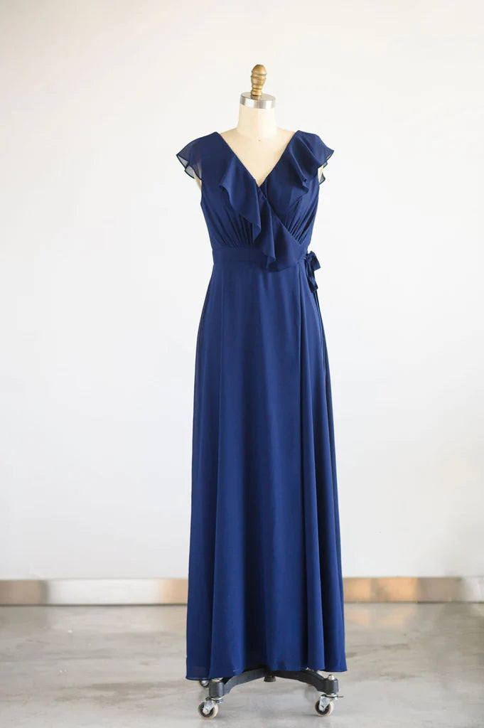 Navy Blue Chiffon Wrap V Back Wedding Bridesmaid Dress Evening Dress –  Koutun Dress