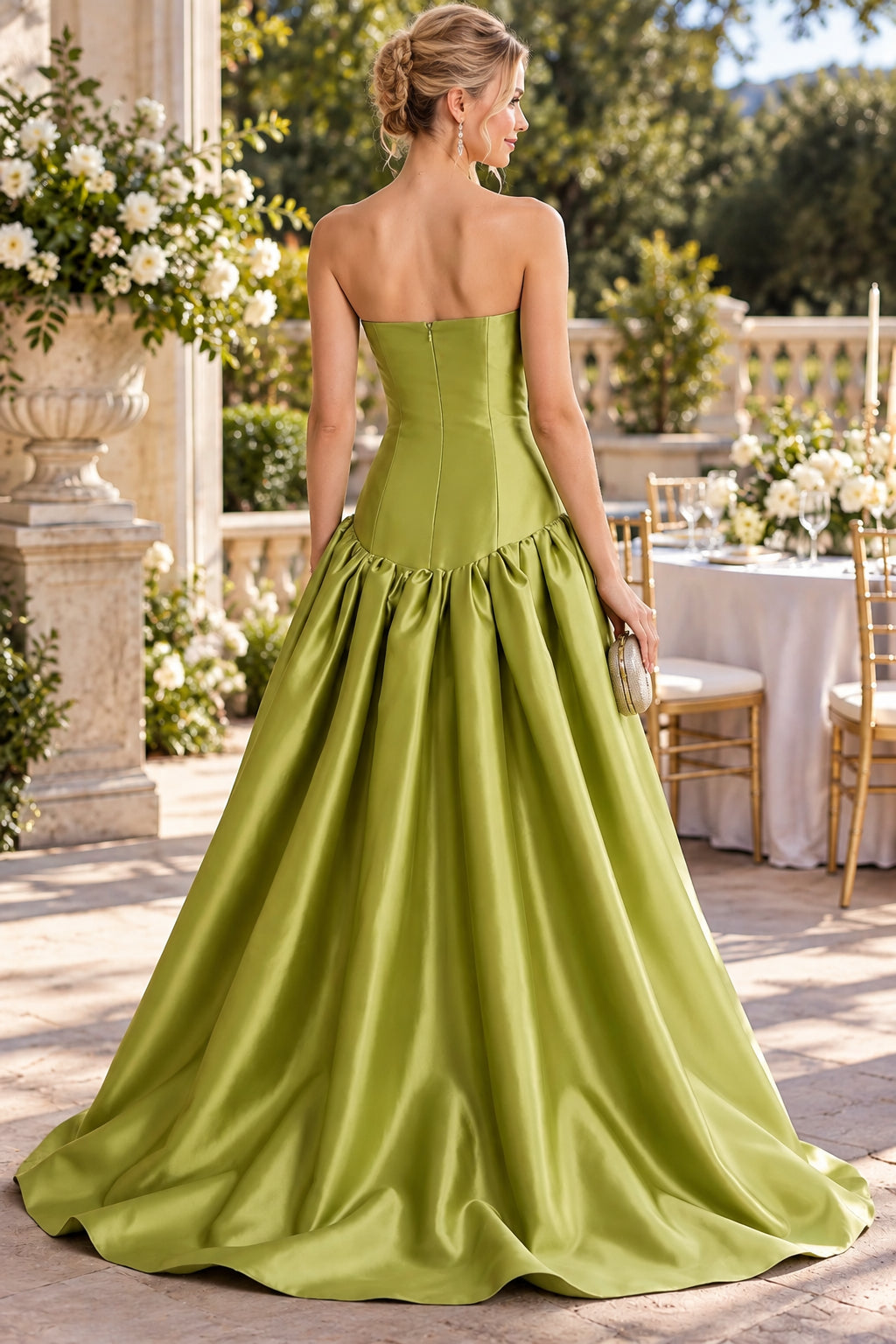 Olive Green Strapless Satin A-Line Evening Dress Formal Wedding Guest Gown