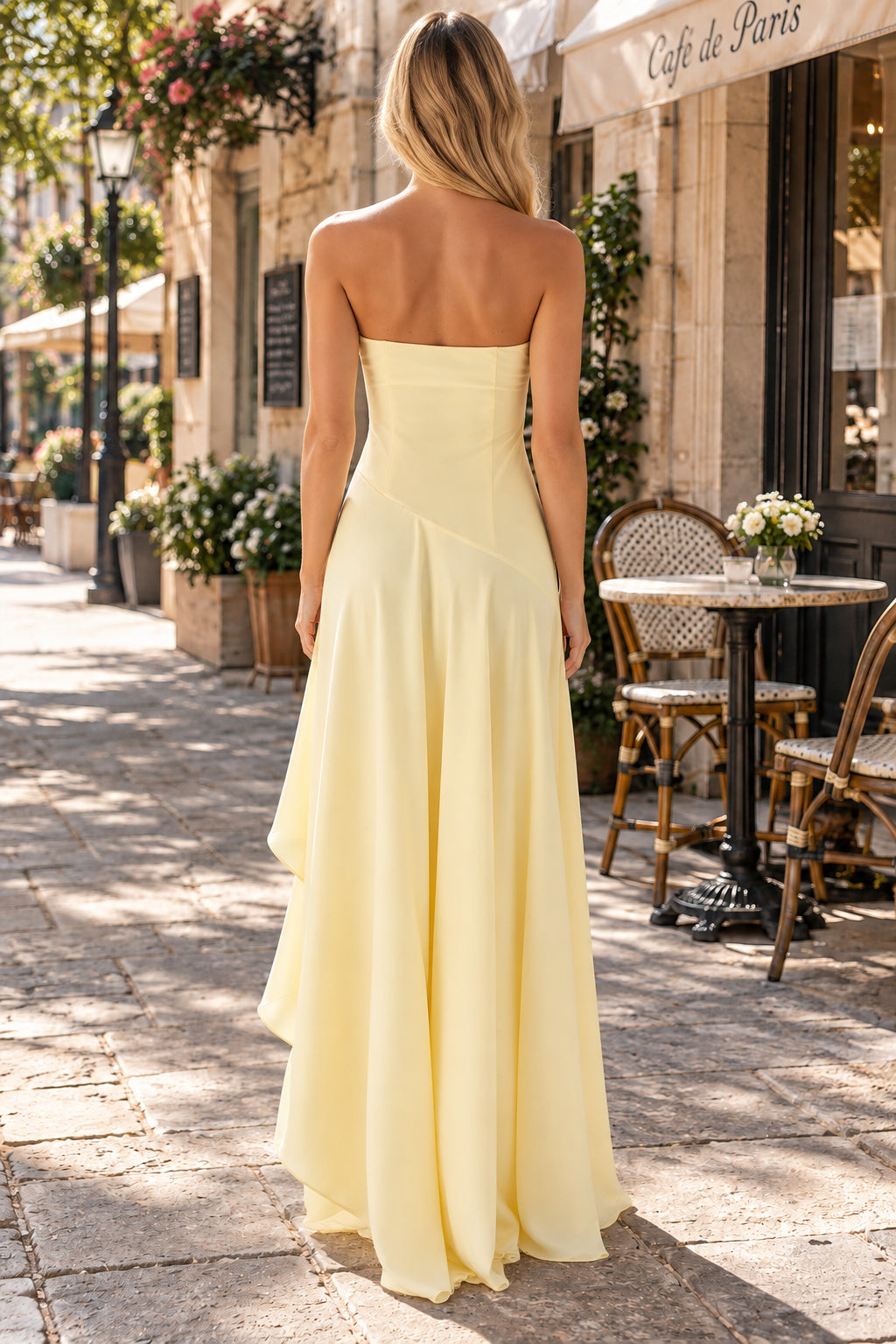 Pale Yellow Chiffon A-line Strapless Sleeveless Plain Back High Slit Floor Prom Dress