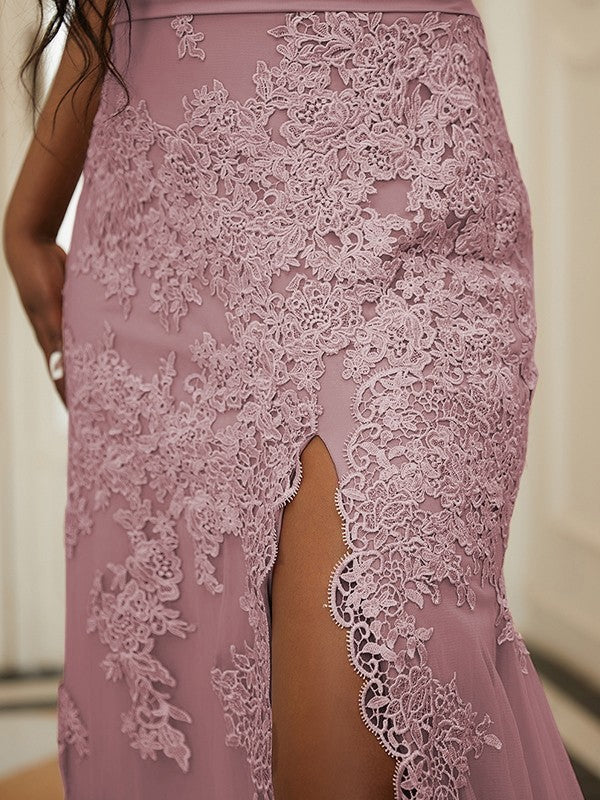 Sheath/Column Tulle Applique Off-the-Shoulder Sleeveless Sweep/Brush Train Dresses