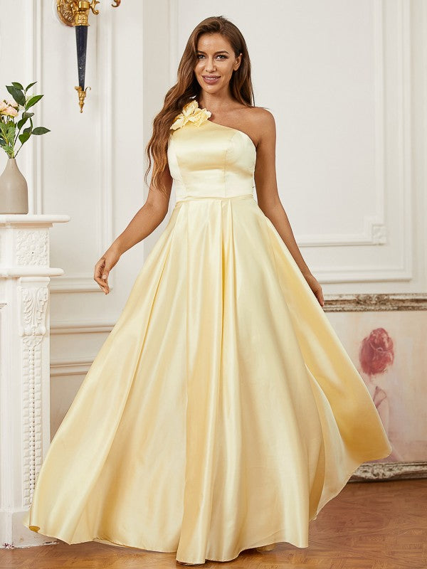 a line princess one shoulder dress A-Line/Princess Satin Hand-Made Flower One-Shoulder Sleeveless Floor-L Womens dresses Size:2XL (22-24) spring-shop Open Back Maxi Dress shoulder design and a