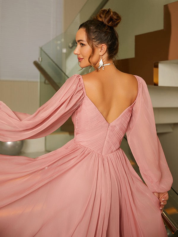 A-Line/Princess 30D Chiffon Ruched V-neck Long Sleeves Floor-Length Dresses