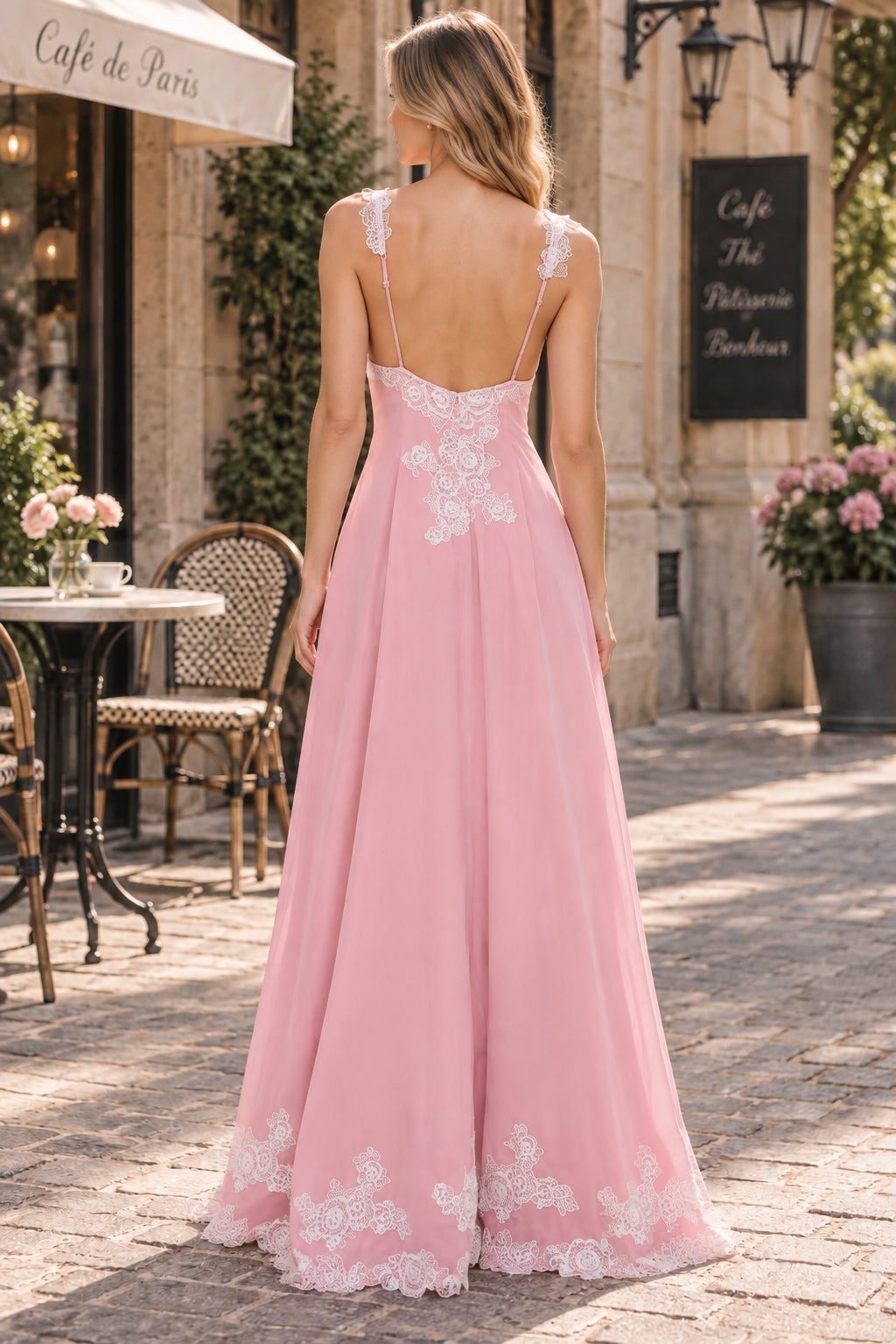 Pink Lace Trim Spaghetti Strap Low Back Chiffon High Slit Evening Gown