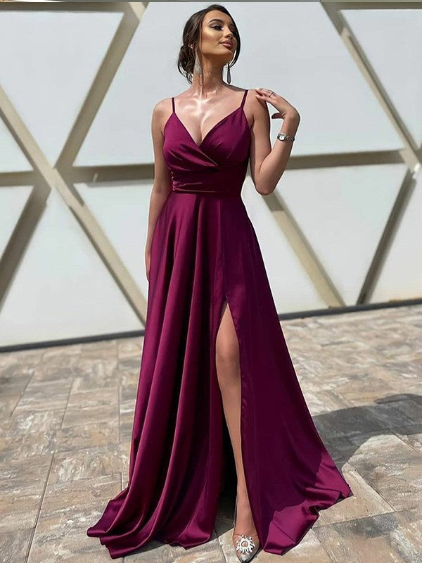 A-Line/Princess Elastic Woven Satin Ruffles V-neck Sleeveless Sweep/Brush  Train Dresses