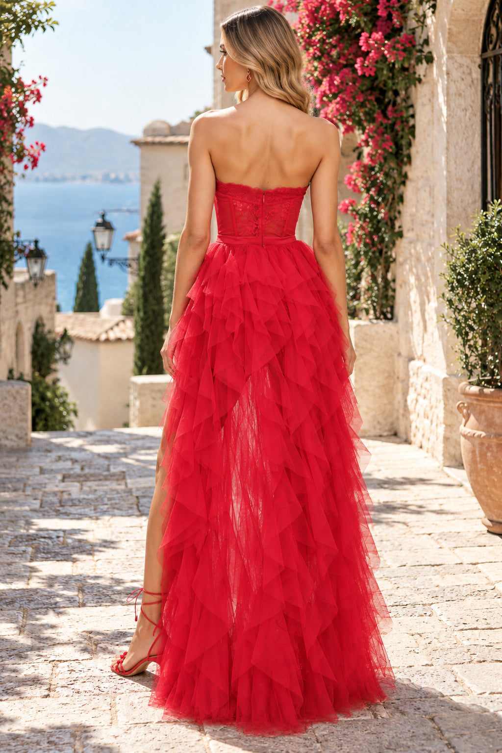 Red Strapless Lace Corset Tiered Tulle High Slit Evening Gown