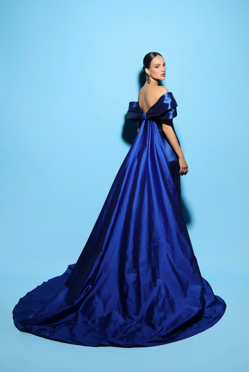 royal blue off the shoulder satin mermaid high slit prom dress with back bow train