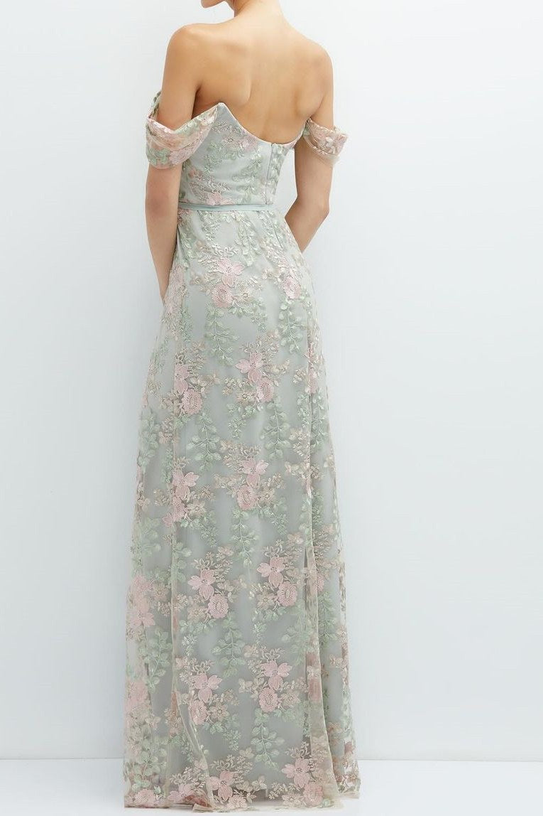 Sage Green Floral Embroidery Off The Shoulder Mermaid Evening Dress