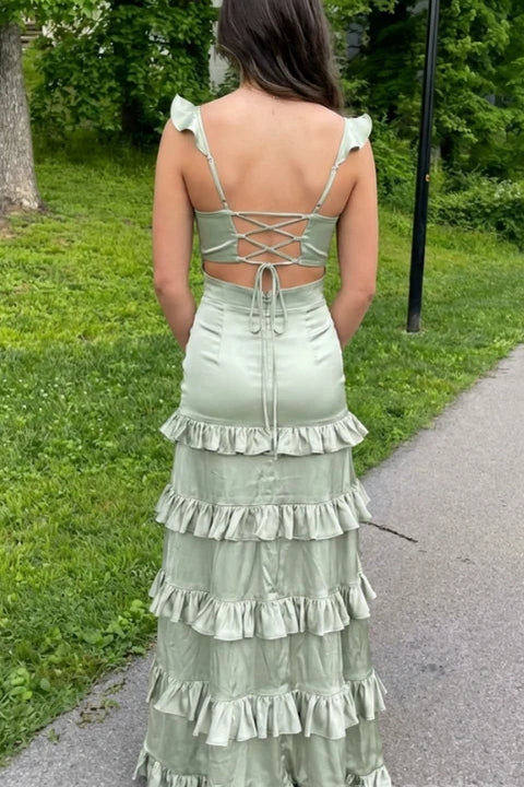 Sage A-Line Square Ruffle-Strap Lace-Up Floor-Length Homecoming Bridesmaid Gown