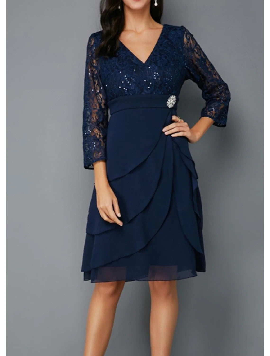 A-Line Mother of the Bride Dress Wedding Guest Plus Size V Neck Knee L   Koutun Dress