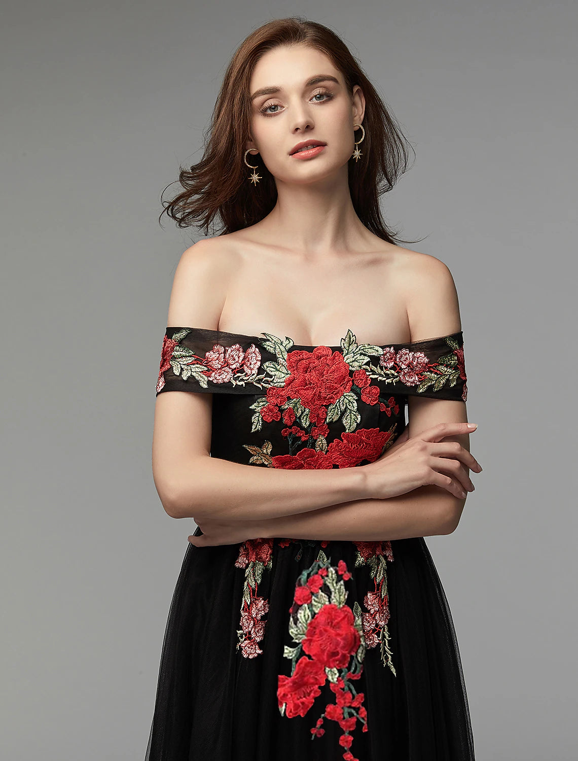 A-Line Prom Dresses Floral Dress Wedding Guest Floor Length Sleeveless Off Shoulder Lace Over Tulle with Embroidery Appliques