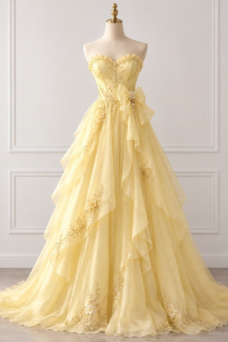 Soft Yellow A-line Strapless Sleeveless Sweetheart Floor-Length Prom Dress