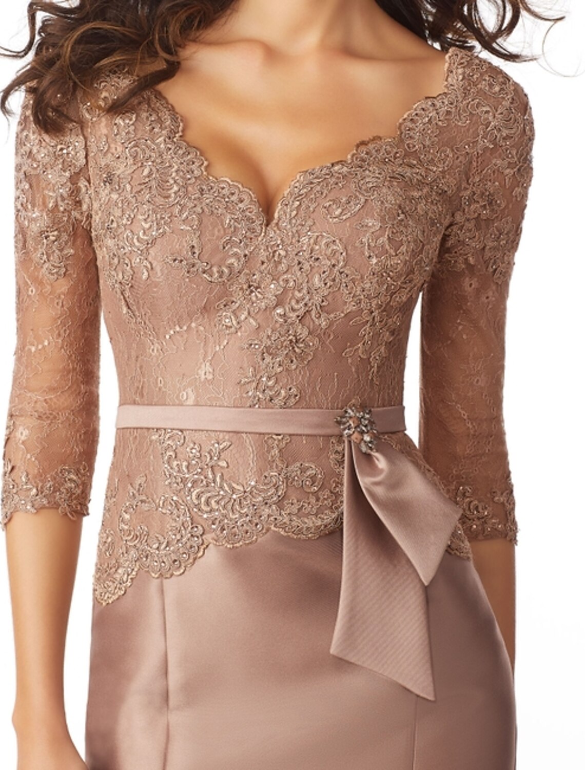 Mermaid / Trumpet Mother of the Bride Dress Elegant V Neck Sweep / Brush Train Satin Lace 3/4 Length Sleeve with Sash / Ribbon Bow(s)