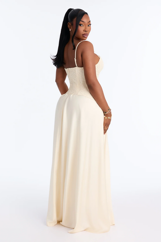 spaghetti strap lace corset satin a line evening dress