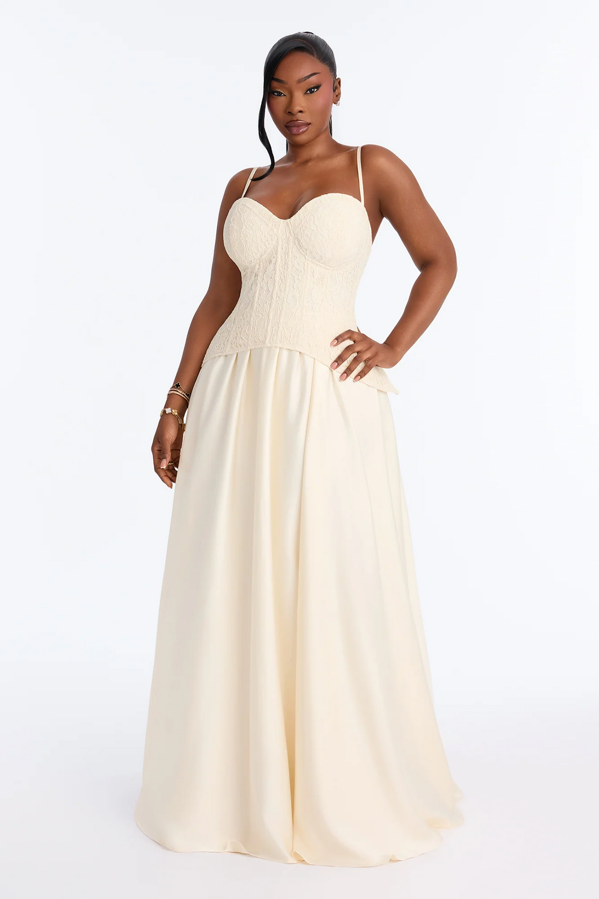 spaghetti strap lace corset satin a line evening dress