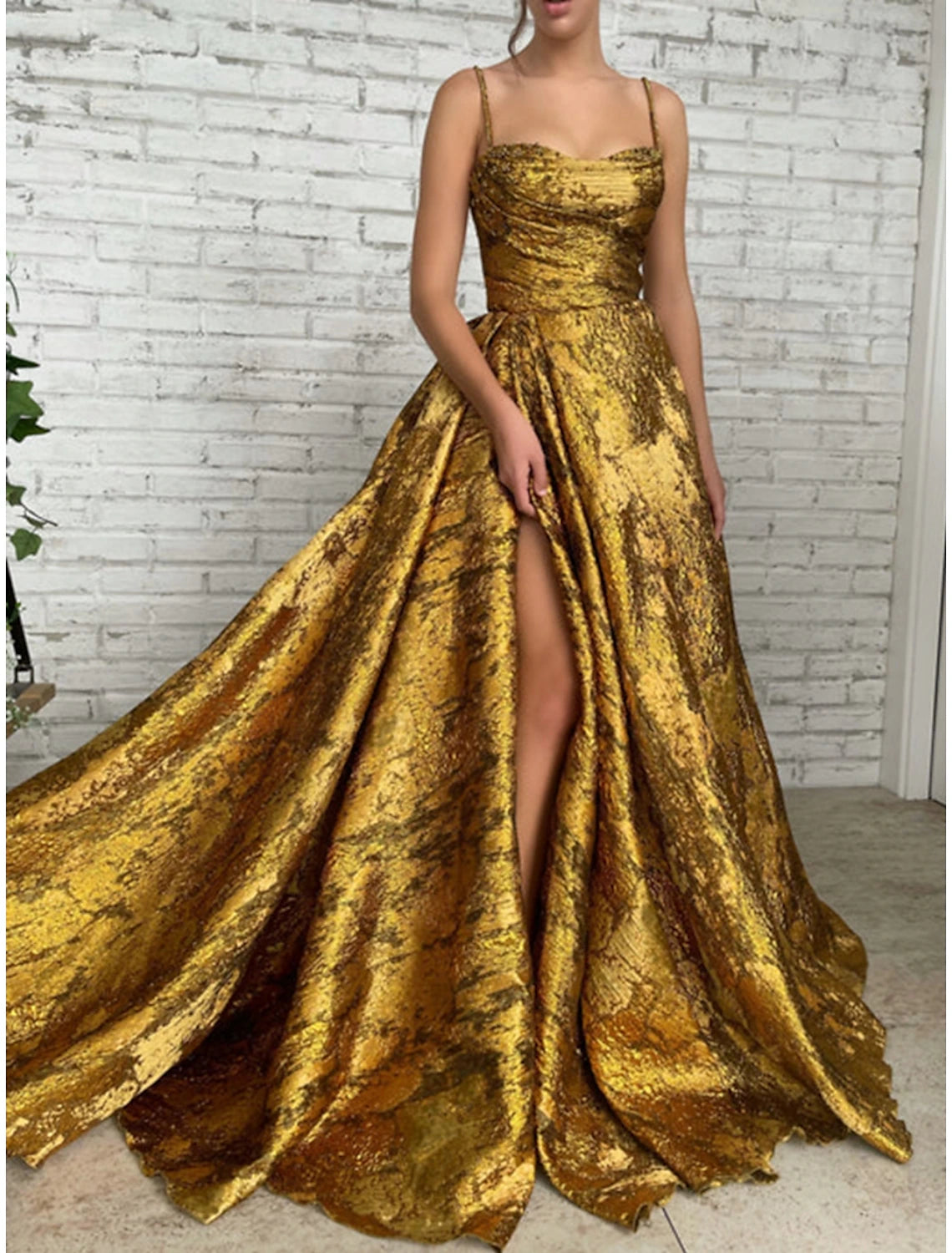 A-Line Evening Gown High Split Dress Formal Christmas Court Train Sleeveless Spaghetti Strap Sequined with Glitter Pleats Ruched