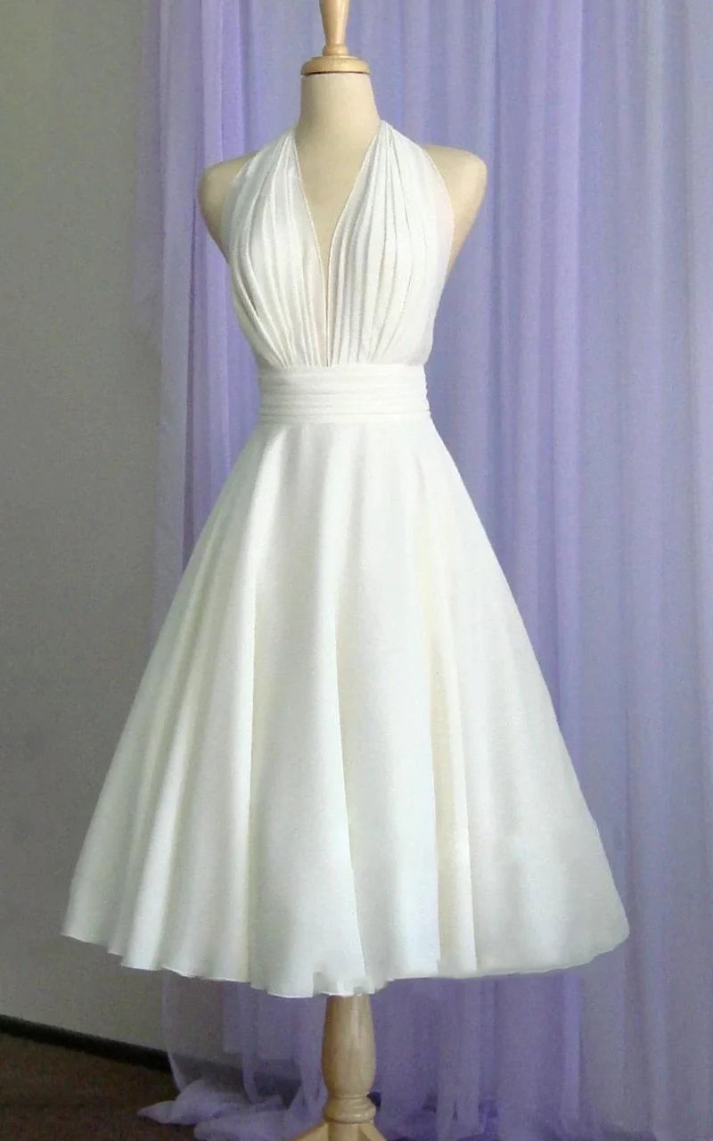tea length halter wedding dress Halter Satin Tea-Length Wedding Dress with Full A-Line Skirt