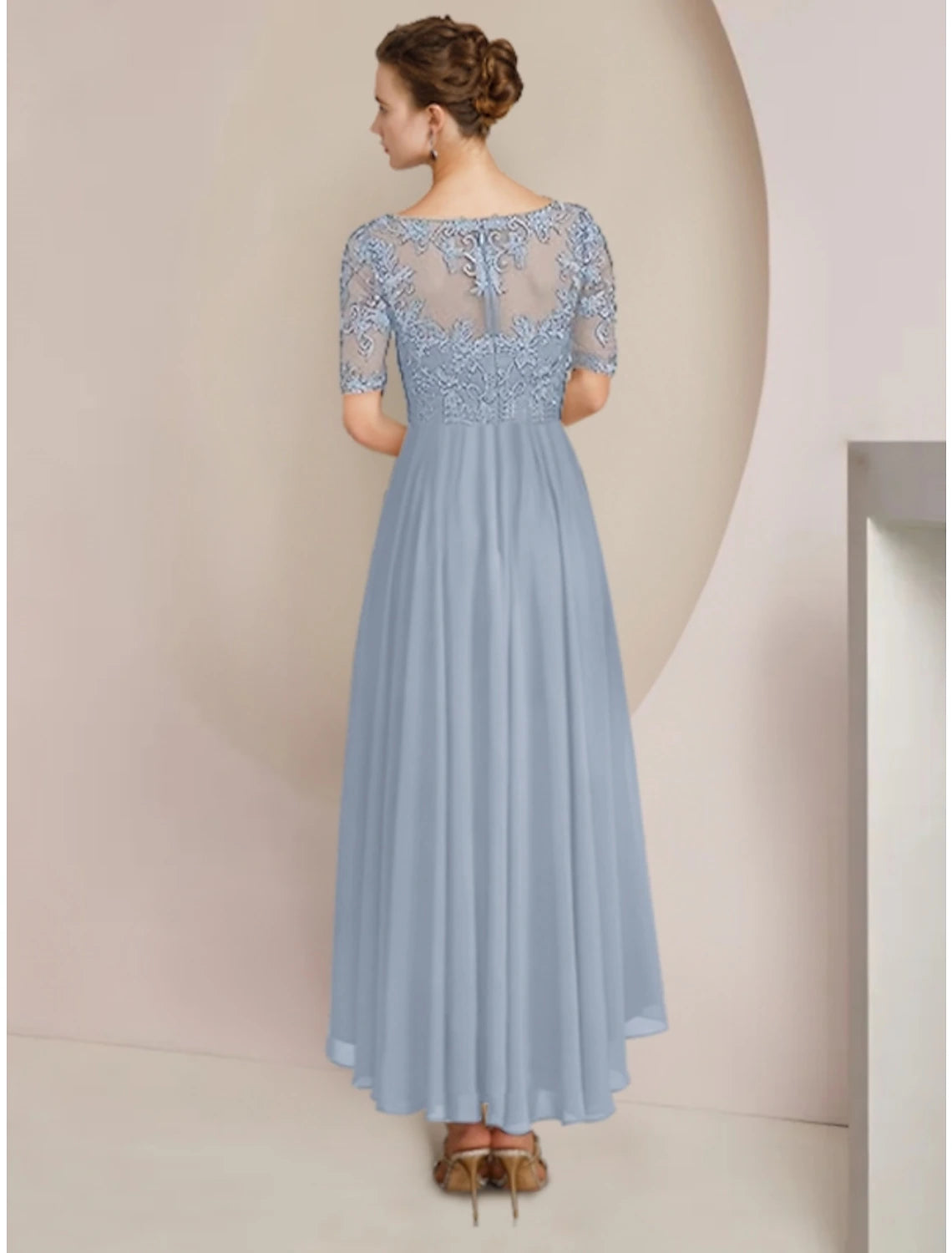Sheath / Column Mother of the Bride Dress Wedding Guest Vintage Elegant V Neck Asymmetrical Ankle Length Chiffon Lace Half Sleeve with Pleats Solid Color