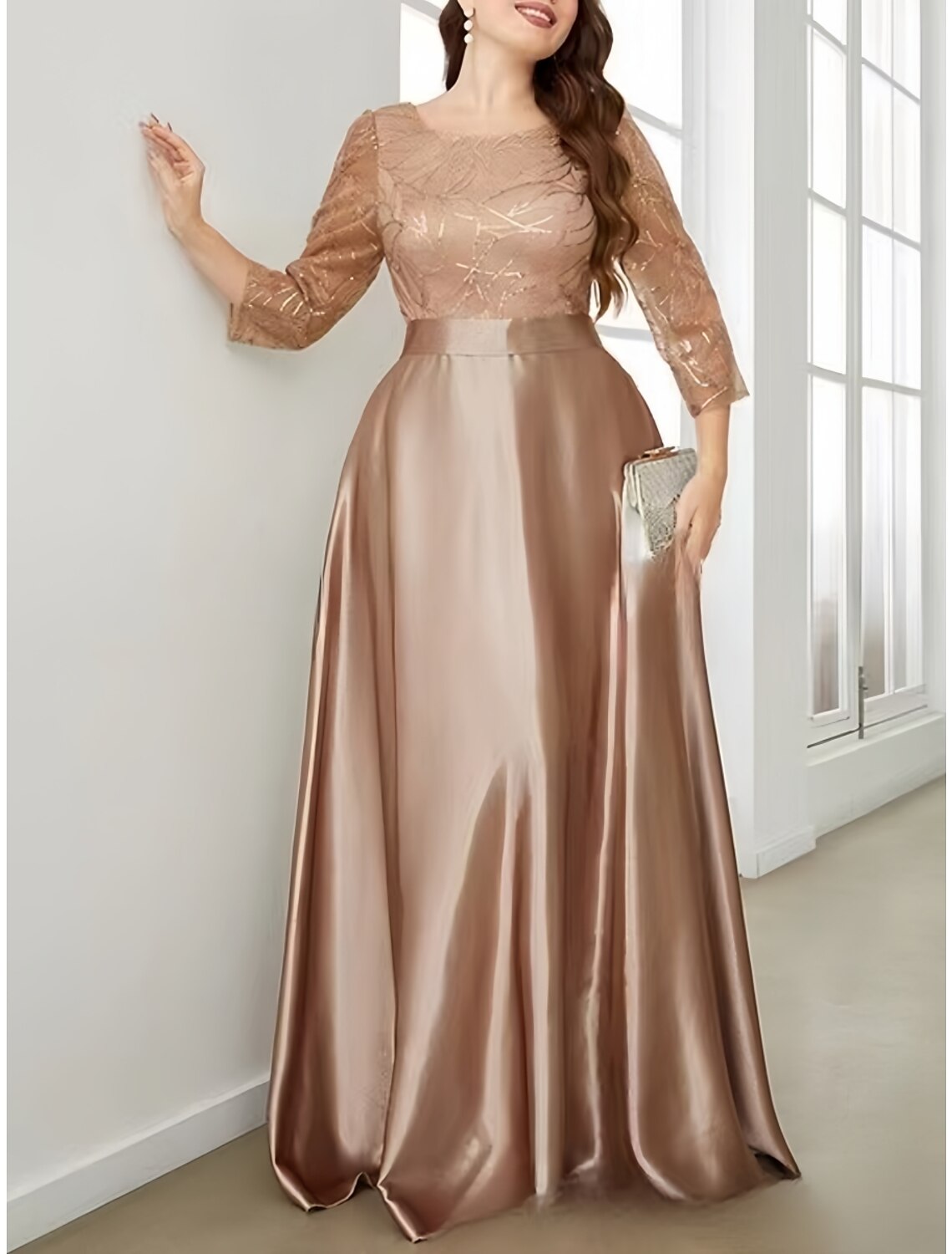 A-Line Plus Size Curve Mother of the Bride Dress Wedding Guest Plus Size Sparkle & Shine Scoop Neck Sweep / Brush Train Satin 3/4 Length Sleeve with Pleats Sequin
