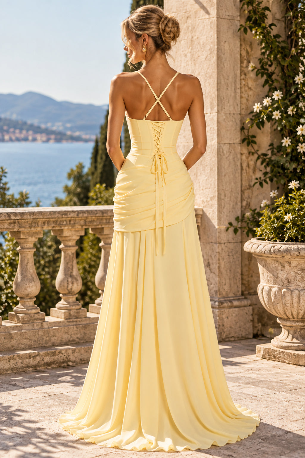 Yellow A Line Square Neck Crisscross Lace Up Evening Dresses