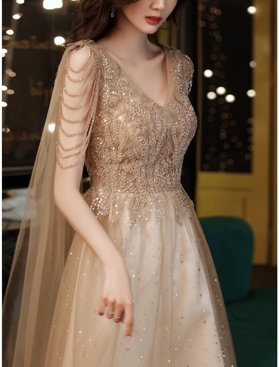 A-Line Sheath / Column Mother of the Bride Dress Wedding Guest Party Sparkle & Shine Petite V Neck Ankle Length Tulle Sleeveless with Pleats Beading Sequin Fall