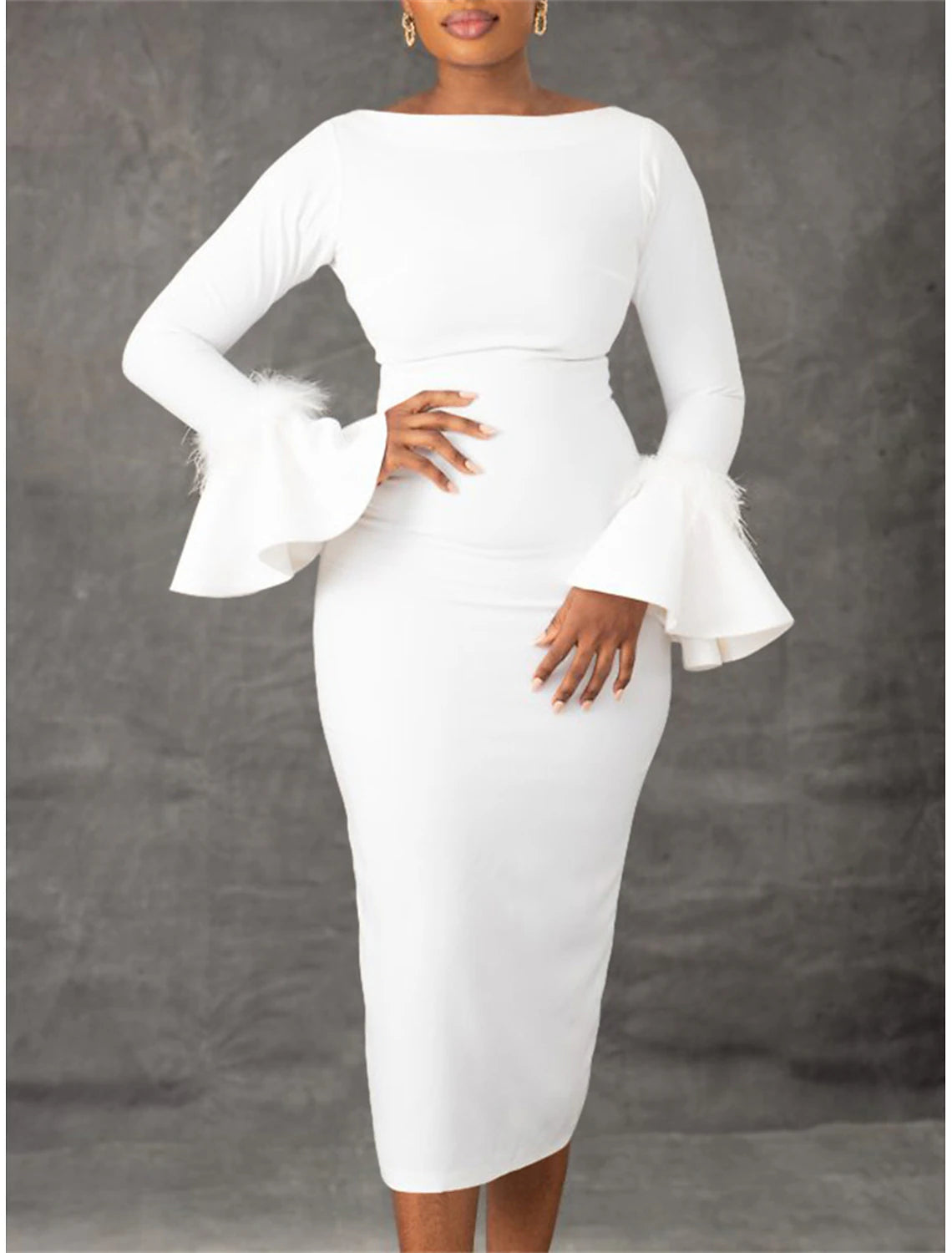 White Dress Party Dress Feather Dress Crew Neck Long Sleeve Midi Dress – Koutun Dress