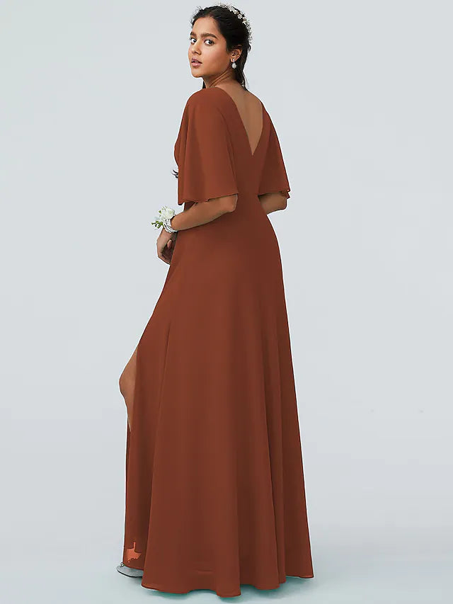Full length view of the A-Line V-neck short sleeve chiffon bridesmaid dress.