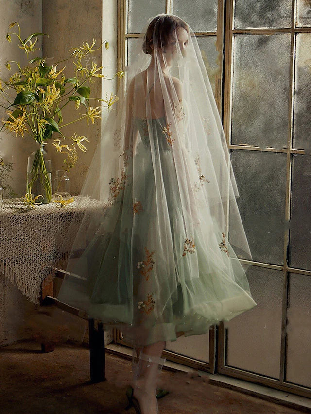 Back view of a woman in a minimalist tea length tulle dress with a sash.