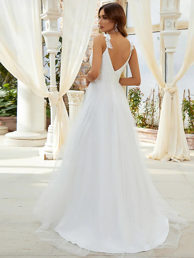 Beach Open Back Casual Wedding Dresses Floor Length A-Line Sleeveless V Wire V Neck Tulle With Crystals Appliques