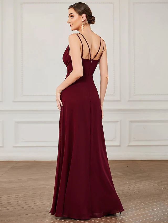 Prom Dresses Vintage Dress Formal Floor Length Sleeveless V Neck Chiffon Crisscross Back with Sash Ribbon Pure